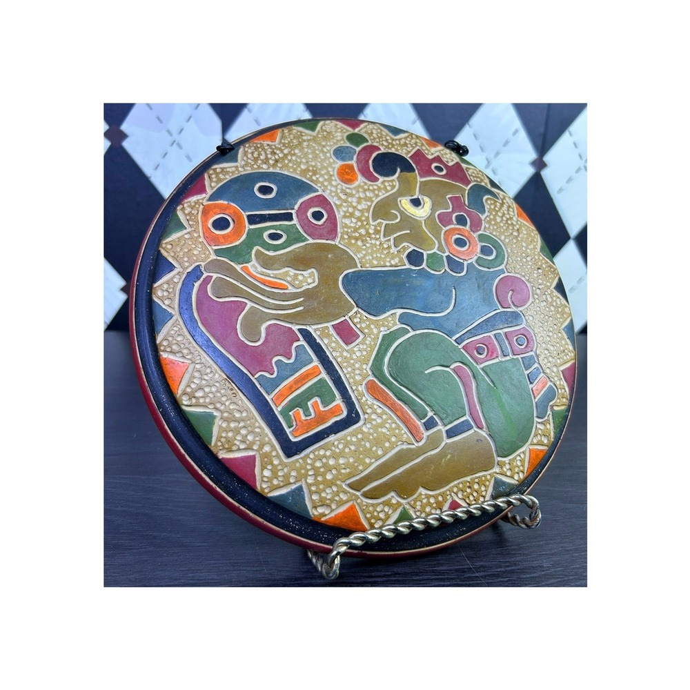 Vintage Mayan-Style Ceramic Wall Plaque, Figural Relief Pottery